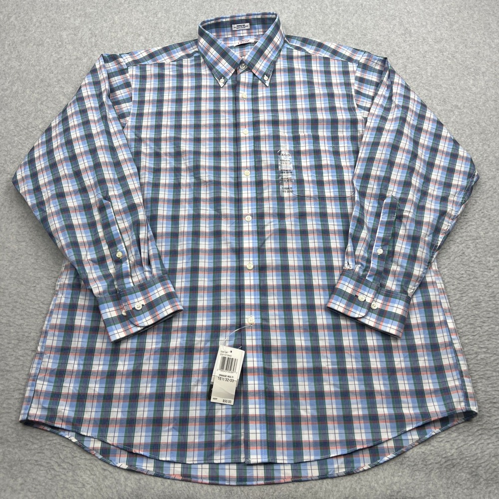 NEW IZOD Shirt Mens 16.5 32/33 Orange Multi Plaid Button‎ Down Wrinkle Free